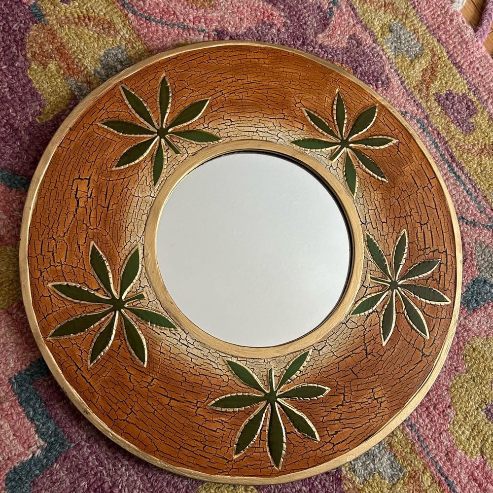 Vintage 15.75" Orange and Green Crackled Wood Decorative Mirror - Picture 12 of 14